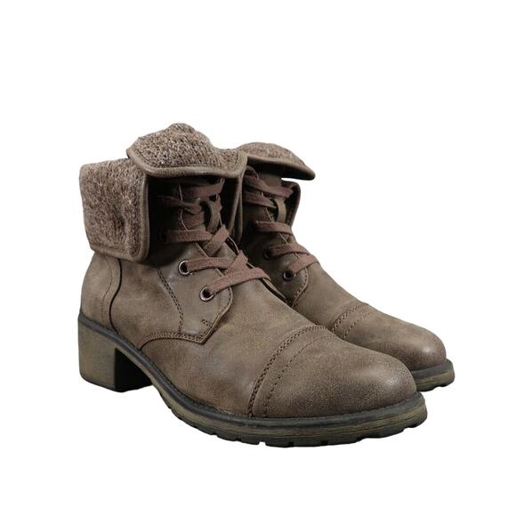 Roxy Shoes Womens 9.5 Bootie Lace Up Block Heel Fold Over Cap Toe Casual Taupe - Picture 1 of 15